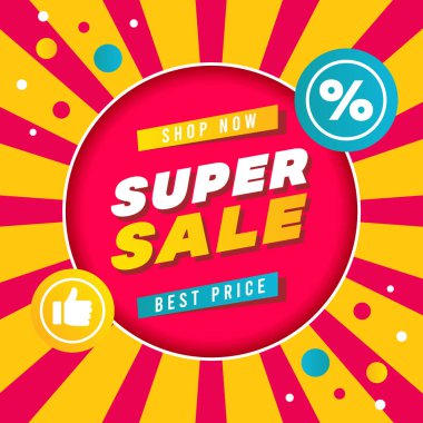 Süper satış büyük teklif sunan konsept kare afiş şablonu tasarımı. Tasarım şablonu indirimli promosyon düzeni. Mega satış vektör çizimi. Hemen şimdi. Modern parlak el ilanı..