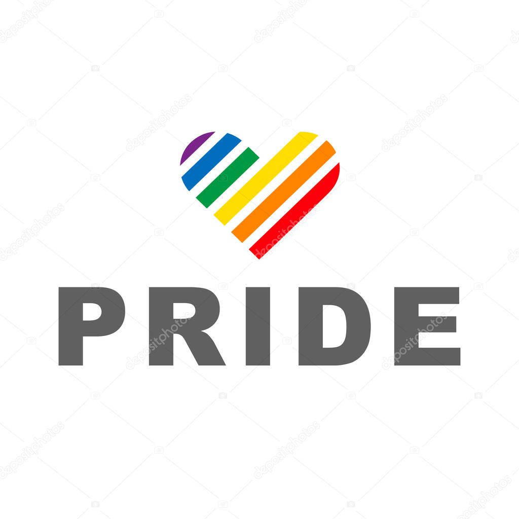 Pride month 2021 logo card with minority flag.Banner Love is love.Rainbow Pride symbol with heart,LGBT,sexual minorities,gays and lesbians.Designer sign,logo,icon:colorful rainbow in background.Vector