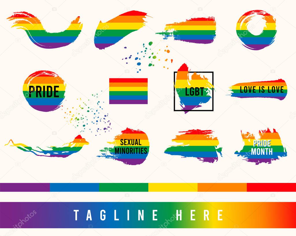 Pride month 2021 logo card with minority flag.Banner Love is love.Rainbow Pride symbol with heart,LGBT,sexual minorities,gays and lesbians.Designer sign,logo,icon:colorful rainbow in background.Vector