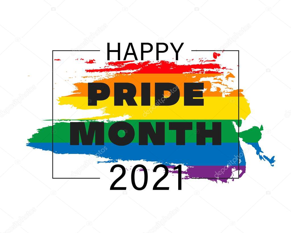 Pride month 2021 logo card with minority flag.Banner Love is love.Rainbow Pride symbol with heart,LGBT,sexual minorities,gays and lesbians.Designer sign,logo,icon:colorful rainbow in background.Vector