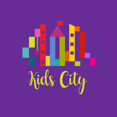 Çocuk bölgesi, çocuk şehri, gökkuşaklı oyun alanı soyut logosu. Renkli tabela, sembol, ikon, logo anaokulu, çocuk spor kulübü, spor kompleksi ve çocuk odası ve oyun alanı ekipmanları. Vektör resmi. 