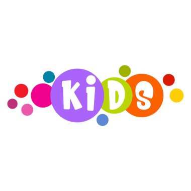 Vektör görüntüsü, çocuk kelimesinin logosu. Her harf beyaz arka planda çok renkli daireler çiziyor. Çocuk giyim mağazası, oyuncakçı, çocuk bölümü, anaokulu, okul, çocuk bölgesi..