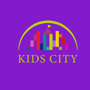 Çocuk bölgesi, çocuk şehri, gökkuşaklı oyun alanı soyut logosu. Renkli tabela, sembol, ikon, logo anaokulu, çocuk spor kulübü, spor kompleksi ve çocuk odası ve oyun alanı ekipmanları. Vektör resmi. 