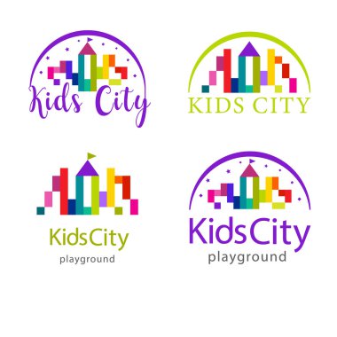 Soyut çocuklar gökkuşağı, ikon ya da işaret dili olan bir logo tasarlarlar şehir, oyun alanı, çocuk bölgesi ya da gökkuşağı renkli piksellerden gelen bir anaokulu. Oyuncak dükkanı, anaokulu, bebek kulübü için şato ve kule. Vektör