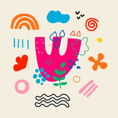 Soyut El çizimi tasarım arka planı. Renkli modern şekiller ve Doodle izole nesneleri. Büyük set modern vektör sanat çizimleri. Tekstil baskıları için mükemmel kumaş, kapaklar, duvar kağıtları.