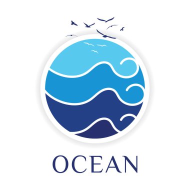 Soyut logo plajı, deniz, okyanus, güneş, gökyüzü, kum, tatil köyü tablosu tasarım vektörü. İşaret, ikon, sembol yaz, keyif, su dalgaları, kum. Peyzaj ufku çizgisi. Vektör illüstrasyonu.