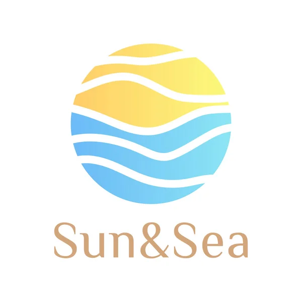 Soyut logo plajı, deniz, okyanus, güneş, gökyüzü, martılar, tatil köyü işaret tasarım vektörü. İşaret, ikon, sembol yaz, keyif, su dalgaları, kum. Peyzaj ufku çizgisi. Vektör illüstrasyonu.