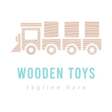Komik Çocuklar ahşap oyuncak tren yolu çizgi filmi düz logo. Şablon ikonu anaokulu, işaret parkı, sembol çocuklar kulübü, bölge, çocuk eğlencesi, atlıkarınca lokomotif makinesi. Vektör bebek logosu.