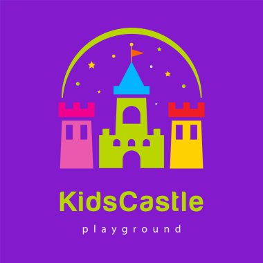 Çocuk parkı logosu, çocuk kulübü ikonu, çocuk işareti, çocukluk sembolü. Parlak logoti çocuk kulübü, dükkan, oyuncakçı, çocuk merkezi veya trambolin tasarımı.