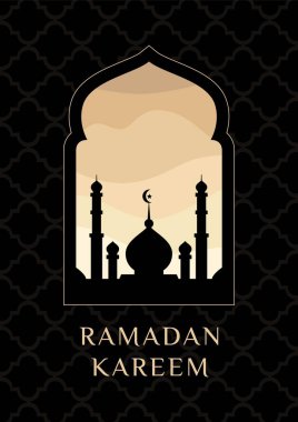 Ramazan Kareem 2021 İslami vektör tasarımı kutlama pankartı, arka plan Arap İslam camisi, mubarak hilal ayı ve Arap dalgalı altın çöl desenli cami silueti.