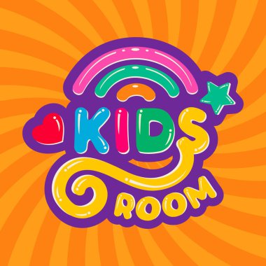 Komik Harfli Çocuklar ayakkabıları ve renkli çocuk logosu. Parlak arkaplanda gökkuşağı olan çizgi film logosu. Şablon tasarımı çocuk dükkanı, giyim mağazası, işaret çocukluğu, sembol bebek.