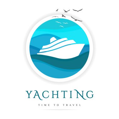 Deniz seyahati soyut logosu, gemi iş simgesi, okyanus gemisi seyahati, sembollü tekne ve kraliyet yat kulübü grafik tasarım şablonu dalgaların mavi arka planında. Vektör izole edilmiş illüstrasyon.