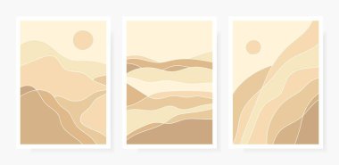 Sanatsal afiş arka planında kumlu çölde bej rengi altın kum. Kart deseni desenli dalgalı çizgiler. Kapaklar, kumaş baskılar, el ilanları için harika. Vektör illüstrasyonu.