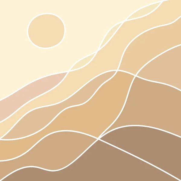 Sanatsal afiş arka planında kumlu çölde bej rengi altın kum. Kart deseni desenli dalgalı çizgiler. Kapaklar, kumaş baskılar, el ilanları için harika. Vektör illüstrasyonu.