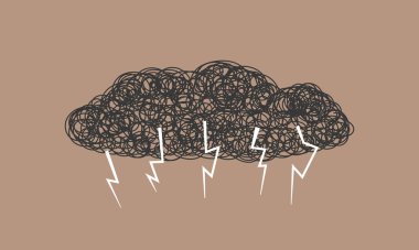 Gök gürültülü soyut vektör fırtına bulutları karalama karmaşası yaratıyor. Kötü hava, yaklaşan yağmur ve fırtına, gök gürültüsü. Sembol stresi, depresyon, psikoz, zihinsel kriz kişiliği, koronavirüsten acı çektikten sonra baş ağrısı..