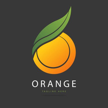 Yeşil yapraklı turuncu logo. Taze ikon dizayn edilmiş, kıvrımlı çizgilerden meyve suyu konsantrasyonu sembolü. Tekstil kumaşı için baskı. Vektör izole edilmiş.