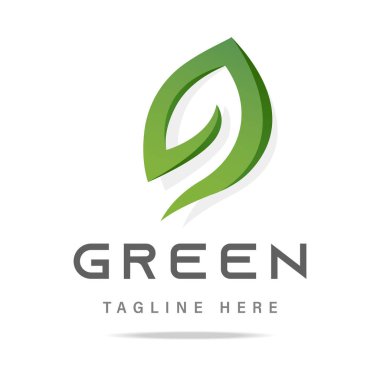 Soyut grafik iş logosu yeşil yapraklar beyaz arka planda şekillenir. Tasarım şablonu doğa ikonu, eko biyoloji teknolojisi işareti, organik sembol, doğal kozmetik, vejetaryen gıda, tıbbi, sağlık ve bakım. Vektör