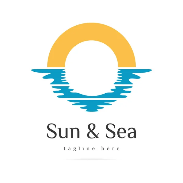 Soyut yuvarlak güneş ve deniz logosu, gün batımı simgesi, güneş ışığı işareti, otel plajı ve spa marka sembolü. Tasarım tasarımı kaliteli ürün, seyahat tur acentesi. Vektör illemesi.