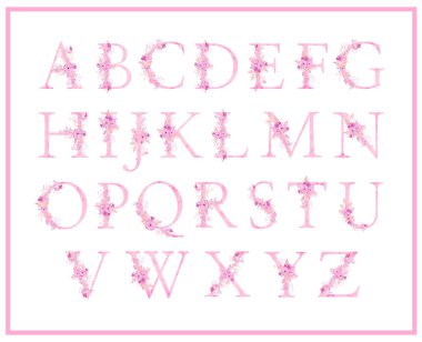 Suluboya pembe, dallı ve çiçekli leylak alfabesi.