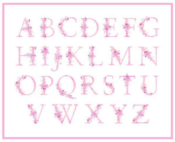 Акварель розовый, сиреневый алфавит с ветками и цветами.