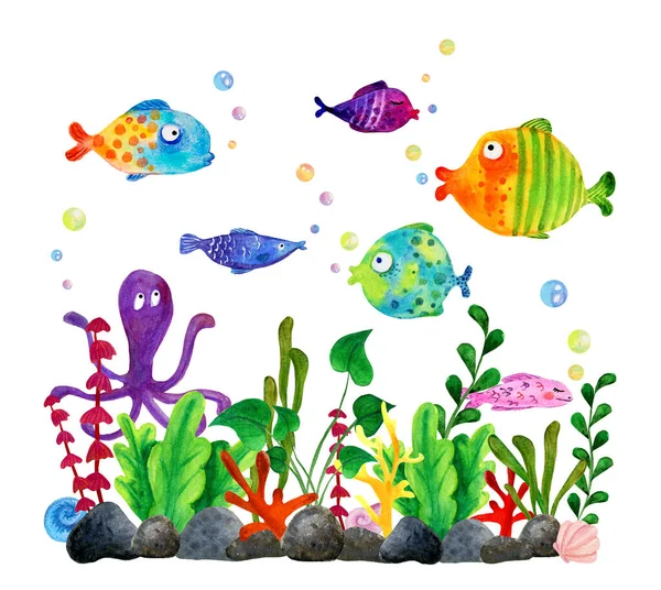Illustration pour enfants de coraux de mer multicolores et d'algues, et de petits poissons dans l'aquarium. — Photo