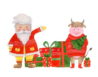 Yeni yıl kartı suluboya gençlik Noel Baba ve hediyeli boğa
