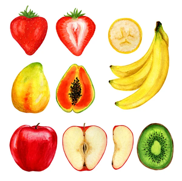Zestaw owoców i jagód, jabłko, truskawka, papaja, banan, kiwi, całe i krojone. — Zdjęcie stockowe