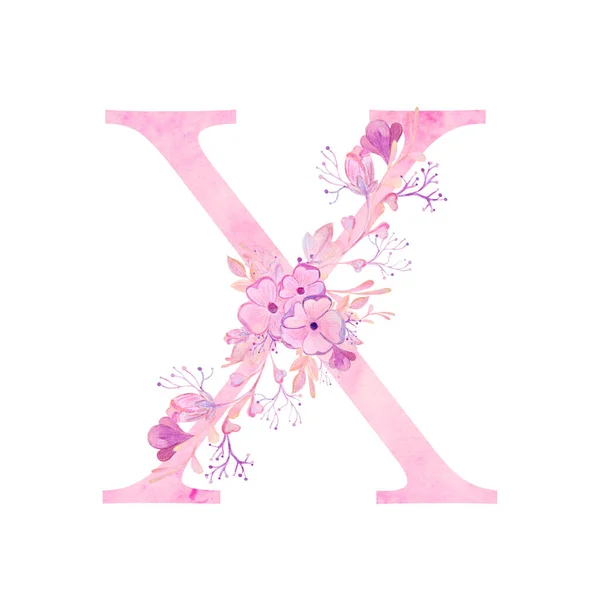 Letras cor de rosa com flores. Fonte romântica, delicada aquarela. — Fotografia de Stock