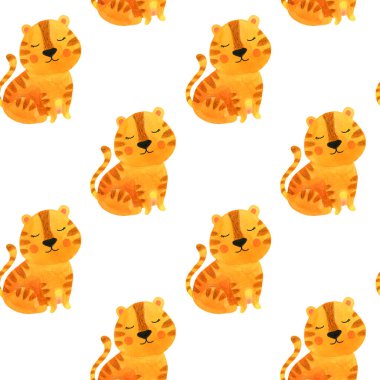 Beyaz arka planda oturan suluboya desenli turuncu kaplan.