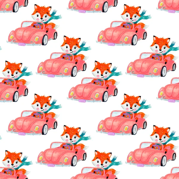 Seamless pattern orange foxes driving a pink car.