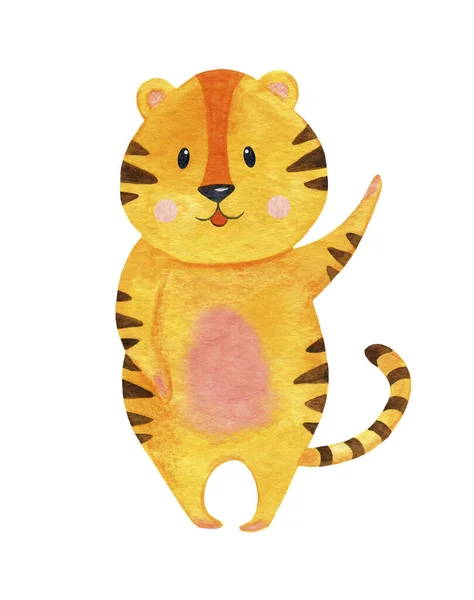 Tigre em aquarela, sorrindo e acenando com a pata. — Fotografia de Stock