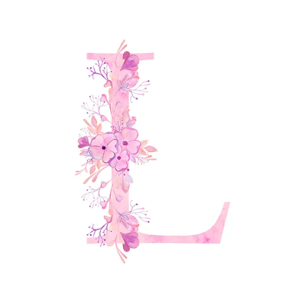 花とピンクの文字。ロマンチックで繊細な水彩フォント. — ストック写真