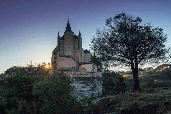 Segovia Alcazar Kasteel Bij Zonsopgang Met Bomen Gouden Uur — Stockfoto