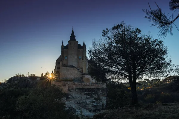 Segovia Alcazar Castle Sunrise Trees Golden Hour — Stock Photo, Image