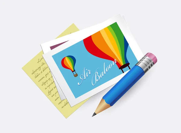 Vector holiday cartoon postcard with air balloon, pencil and letter — Stock Vector