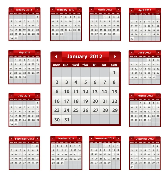 Vector calendar icons for 2012 in red color — Stock Vector