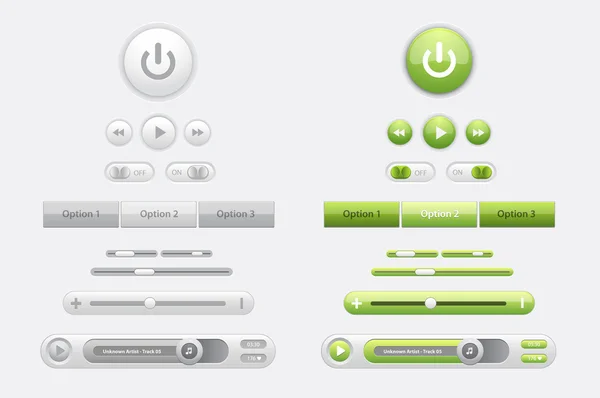 Set aus glänzenden Vektor-Webelementen und Media-Playern in zwei Farben grün und grau — Stockvektor