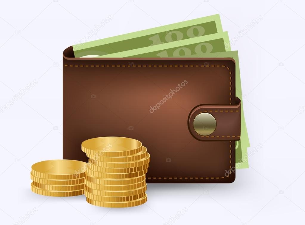 Vector leather wallet with money and coins inside