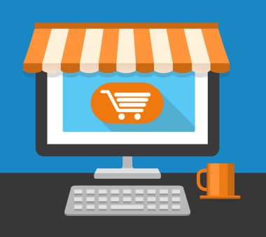 Masaüstü bilgisayarın düz tarzı. Çizgi alışveriş. Vektör çizim