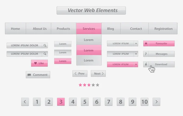 Elementi web vettoriali bianchi e rosa (simboli di valutazione, barra di impaginazione, pulsanti di ricerca) ) — Vettoriale Stock