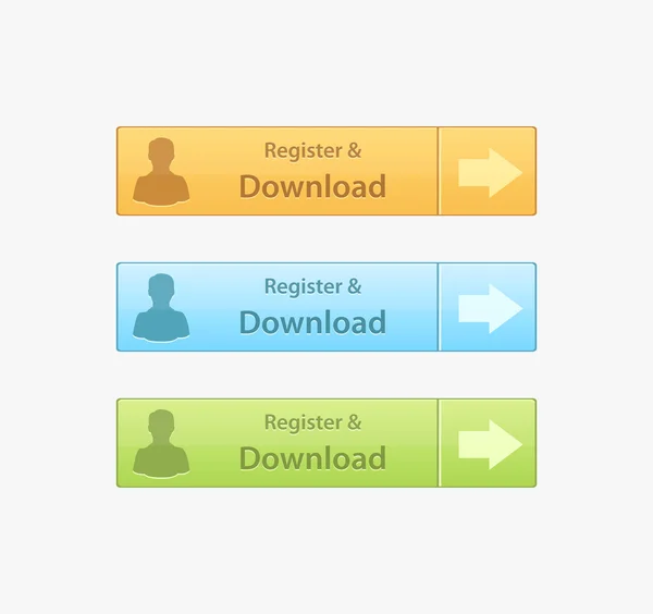 Vector registrera dig och ladda ner knappar med person ikonen och pil i olika färger — Stock vektor