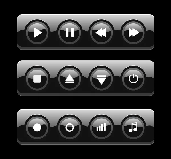 Siyah parlak yuvarlak arka plan üzerinde izole media player düğmeleri — Stok Vektör
