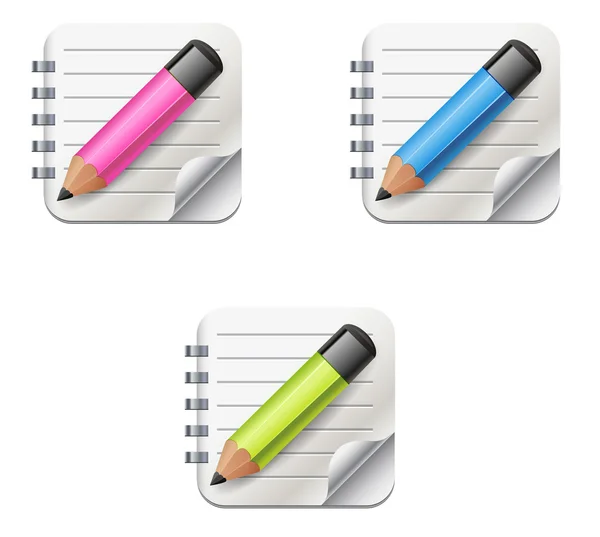 Ícone vetorial de bloco de notas aberto com lápis nas cores rosa, azul e verde — Vetor de Stock