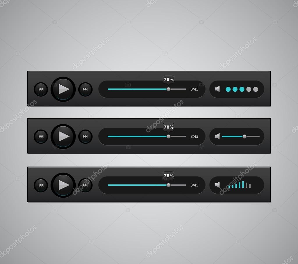 Vector bright audio players with different control navigation panel ...