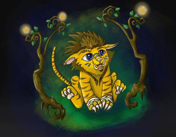 漫画風の小さな虎の赤ちゃん 夜の森の中の子猫 — ストック写真