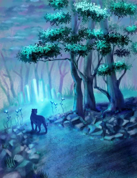 Forest cat in a fairy forest, digital illustration