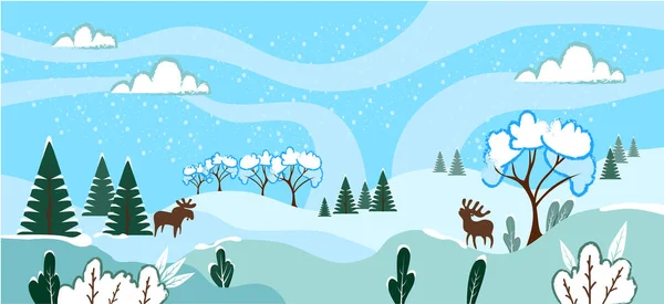 Paisaje invernal con campos nevados y abetos. Fondo de Navidad. — Vector de stock