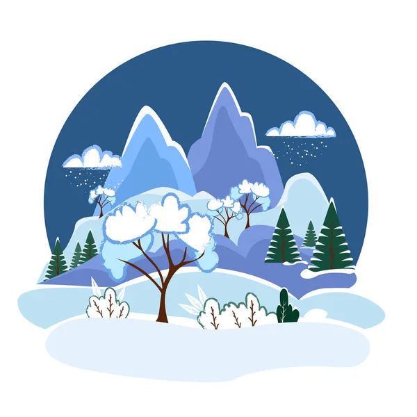 Nächtliche Winterlandschaft mit verschneiten Bergen und Wäldern. Rundes Logo von Bergen und Hügeln. Einfache Vektordarstellung im flachen Stil. — Stockvektor