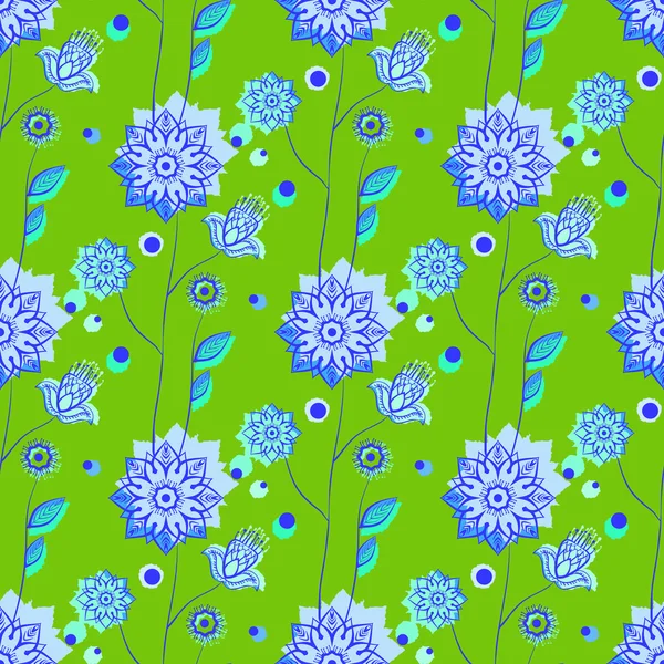 Seamless Pattern Hand Drawn Flowers Green Background Vector Illustration — Stock Vector