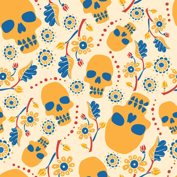 Kolorowy wzór z kwiatami i czaszki. Beżowym tle. — Wektor stockowy
